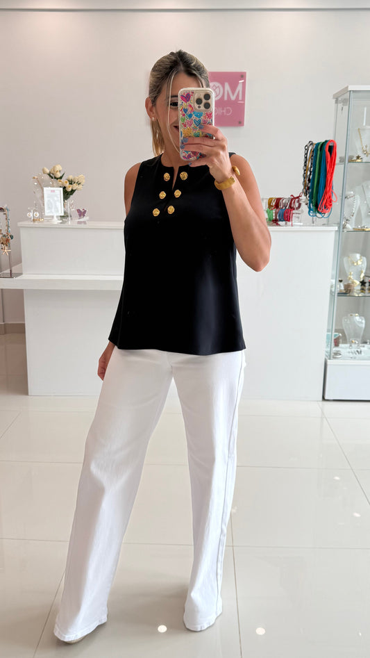 Sleeveless Top With Gold Button Navy