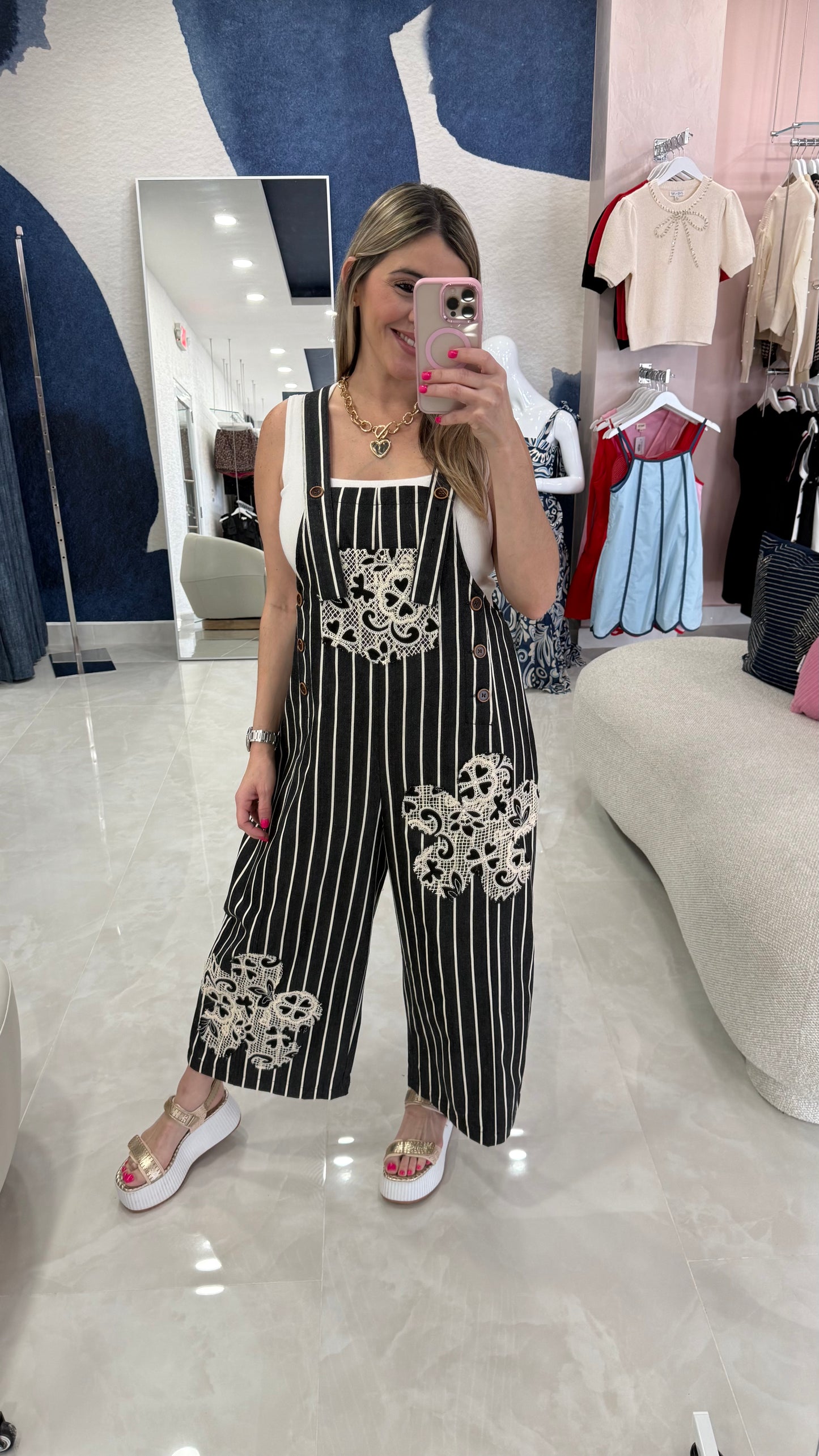 Denim Overall Flower Crochet Patch BLk