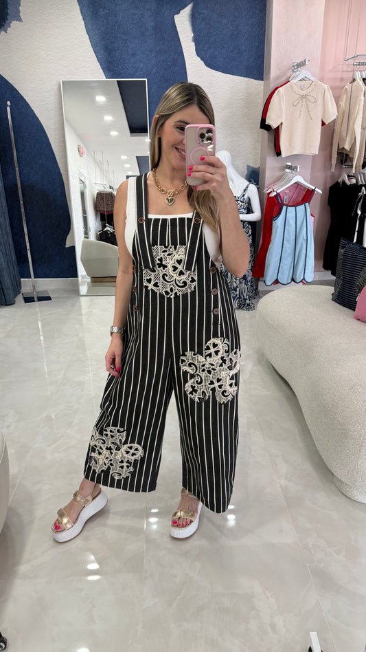 Denim Overall Flower Crochet Patch BLk