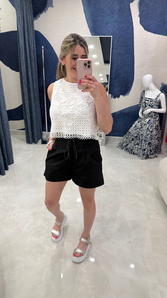 Rope Belt Pleated Short Black