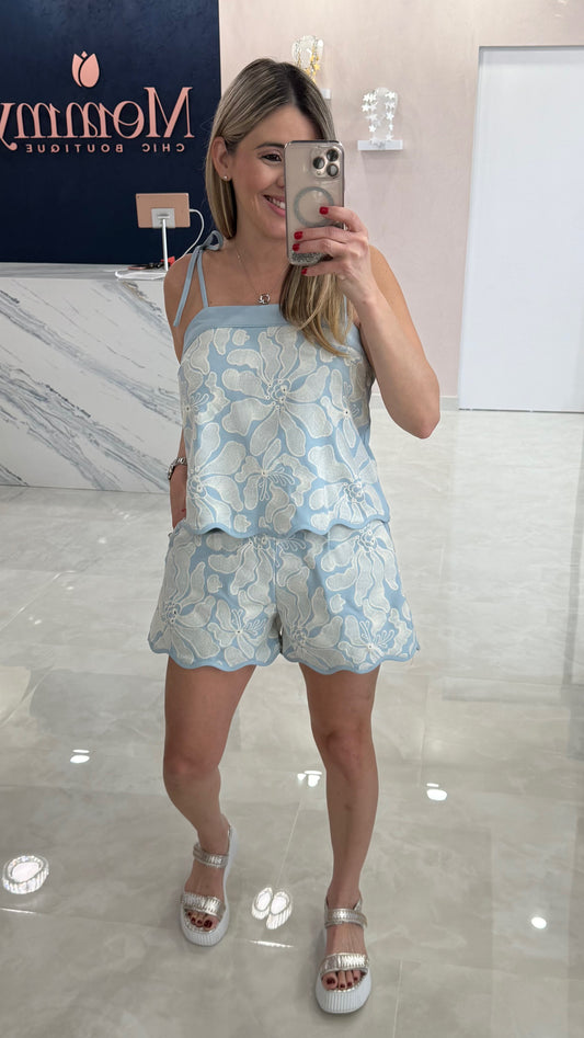 Embroidery Top & Short Set Blue
