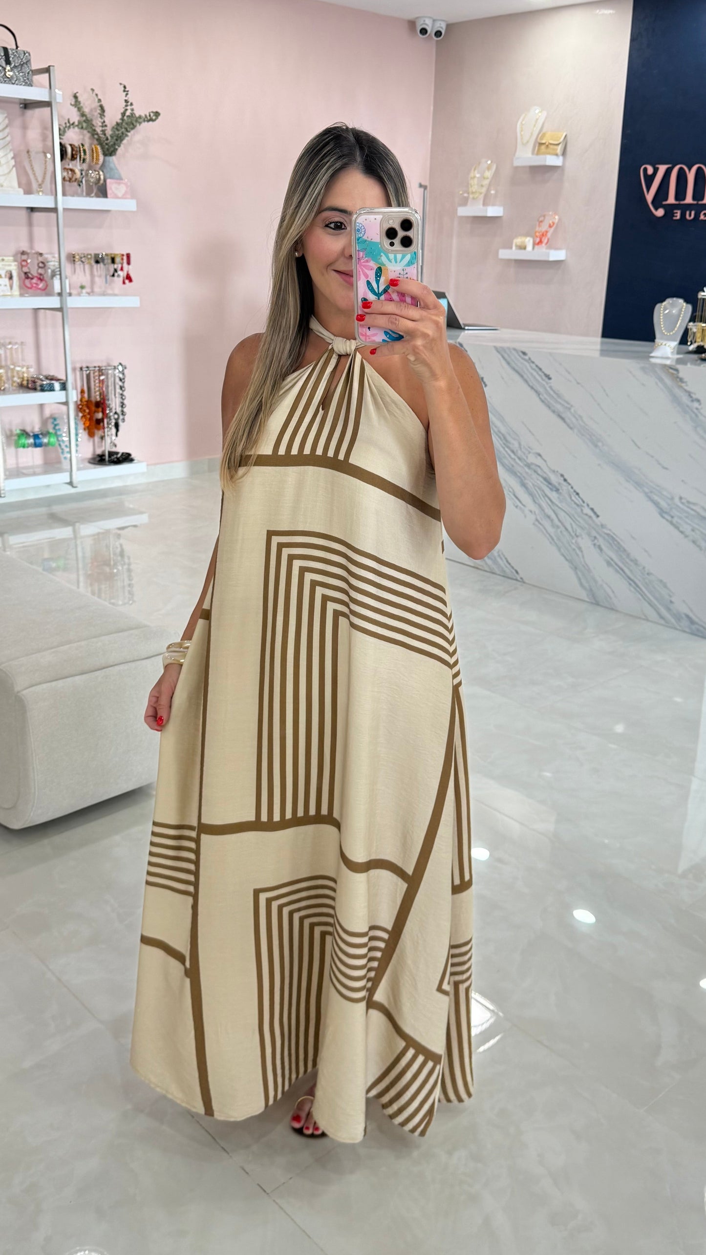 Printed Geo Halter Maxi Dress Taupe