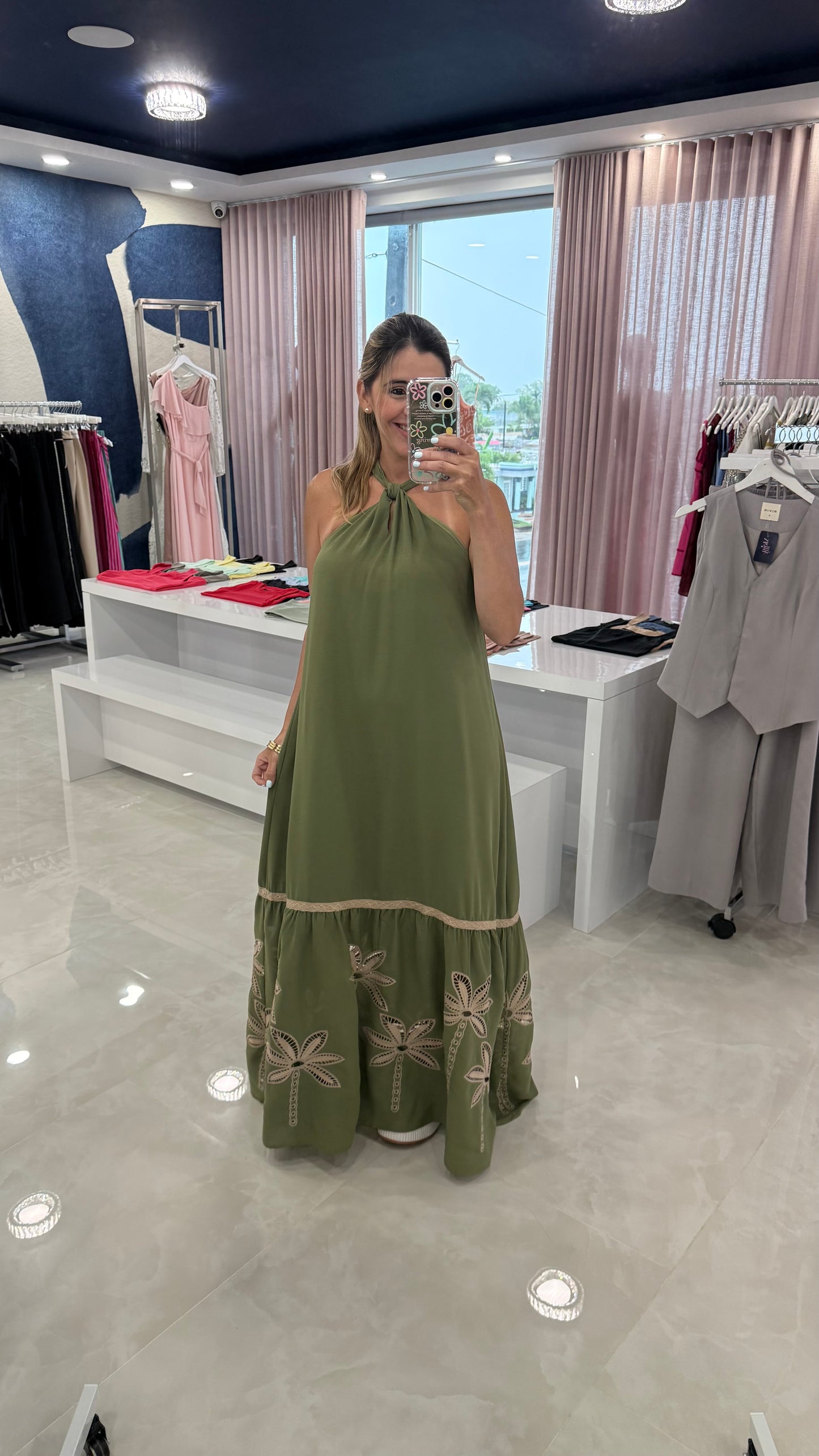 Palm Tree Embroidery Halter Maxi Dress