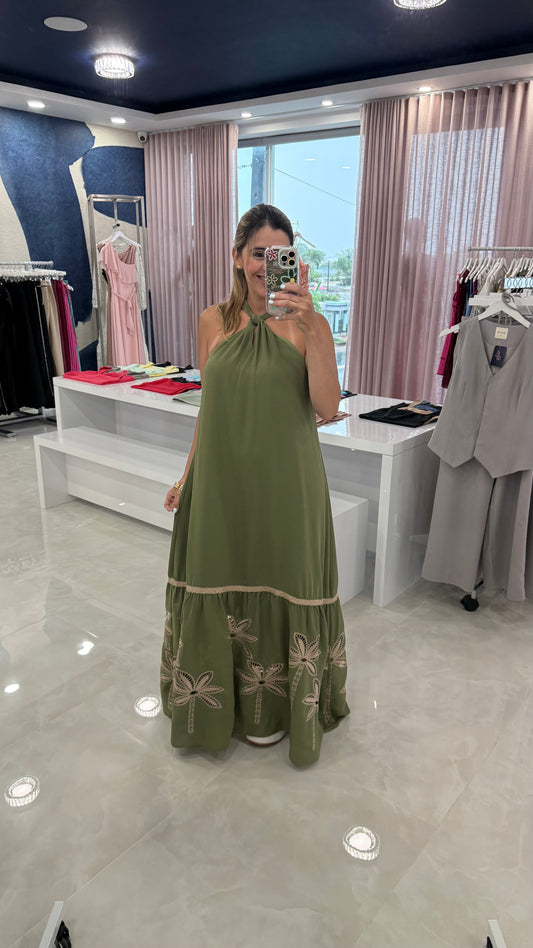Palm Tree Embroidery Halter Maxi Dress
