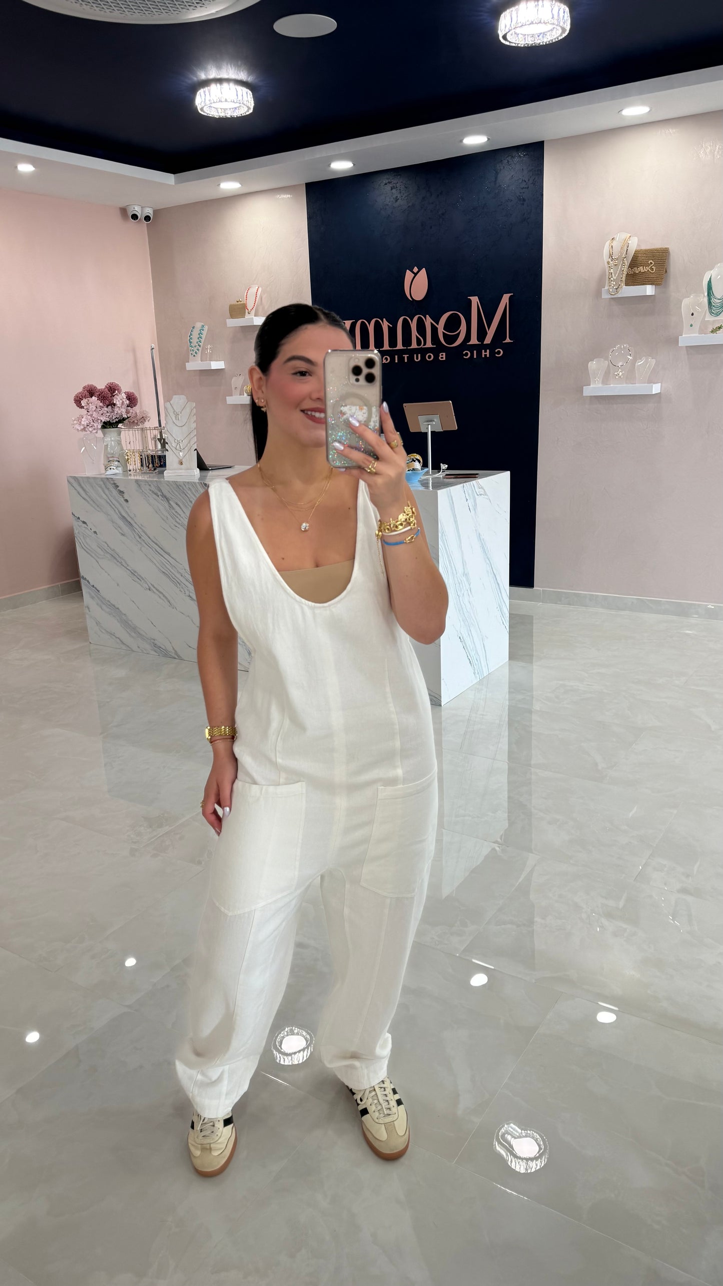 Lightweight Denim Jumpsuit Baggy Off White