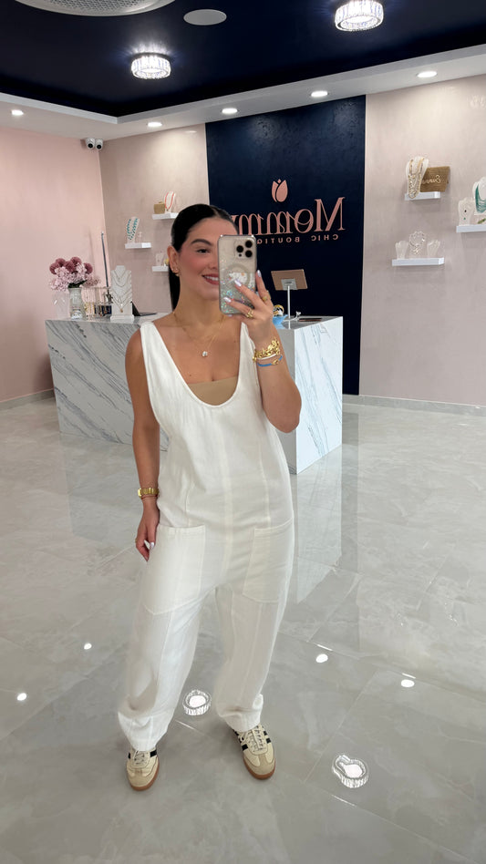 Lightweight Denim Jumpsuit Baggy Off White