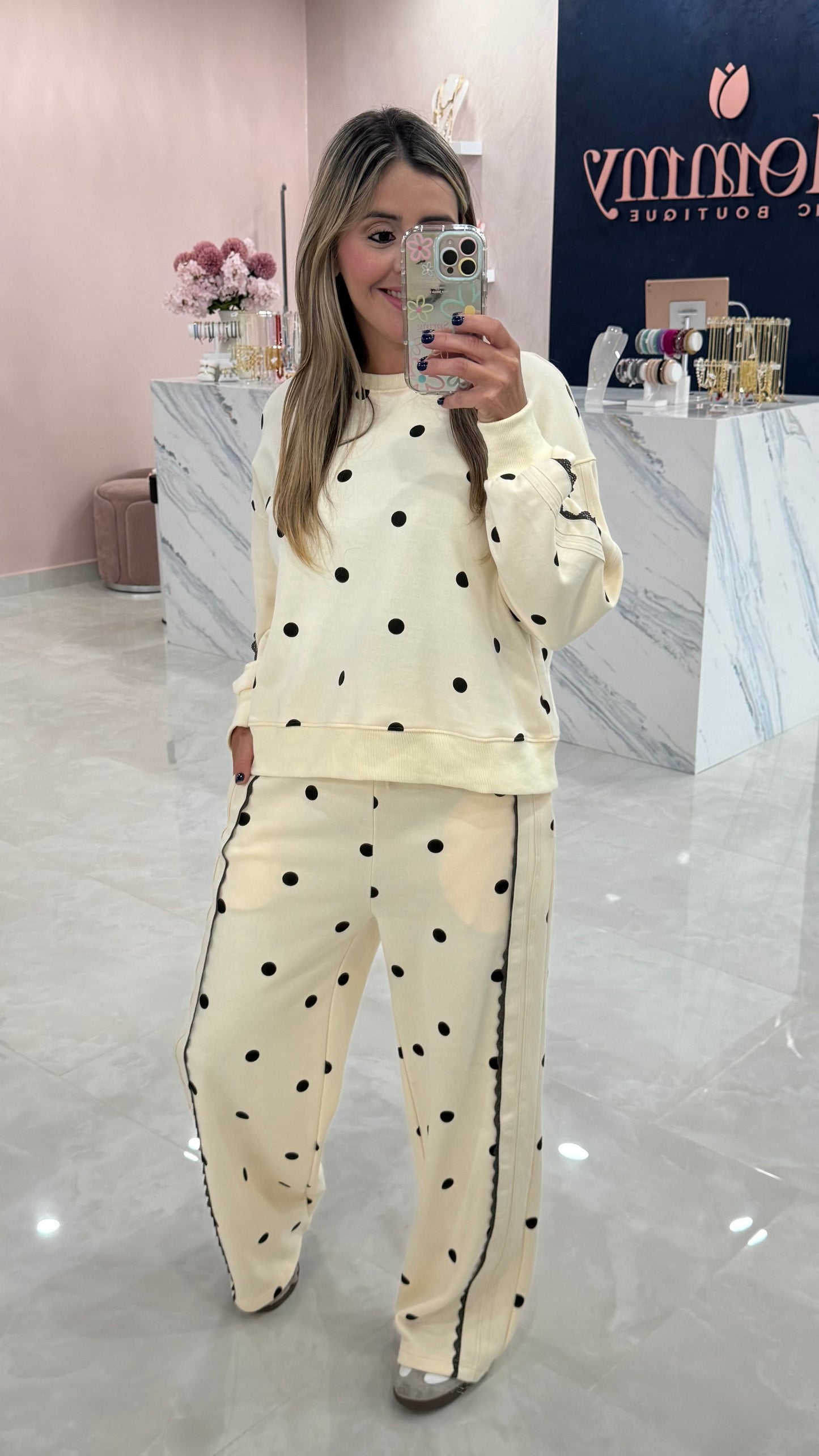 Polka Dot Sweater & Pant Set Cream / Black