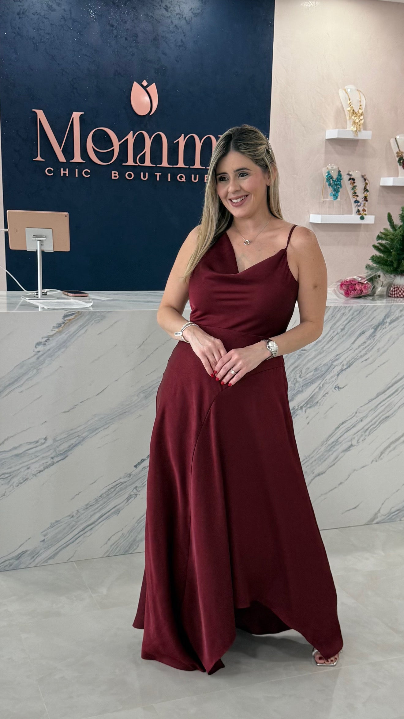 One Shoulder Satin Dress Burgundy