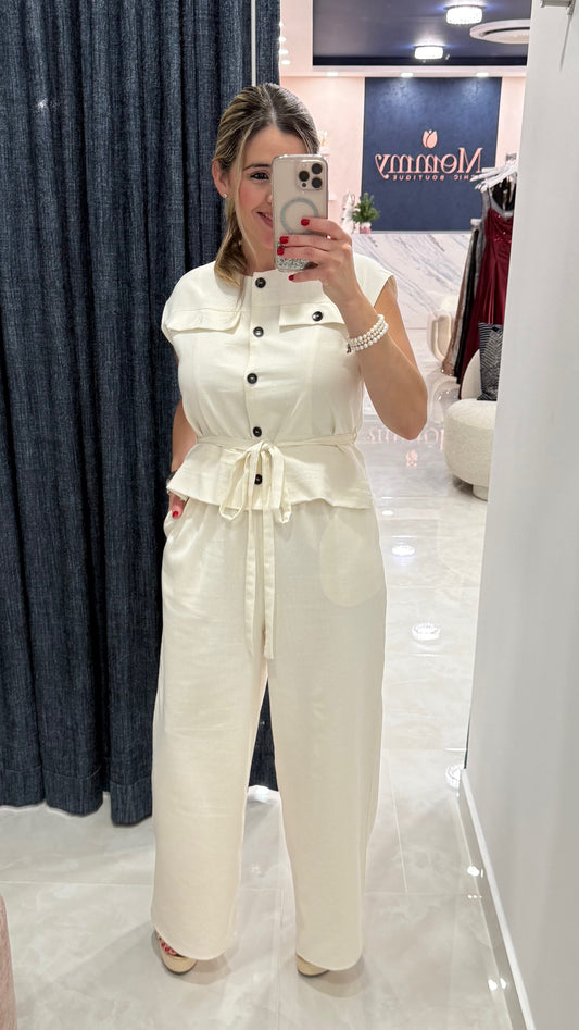 Peplum Button Down Jumpsuit Ivory