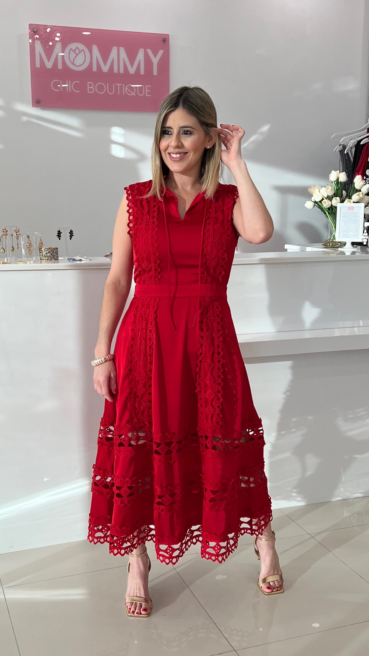 Midi Dress With Crochet Red