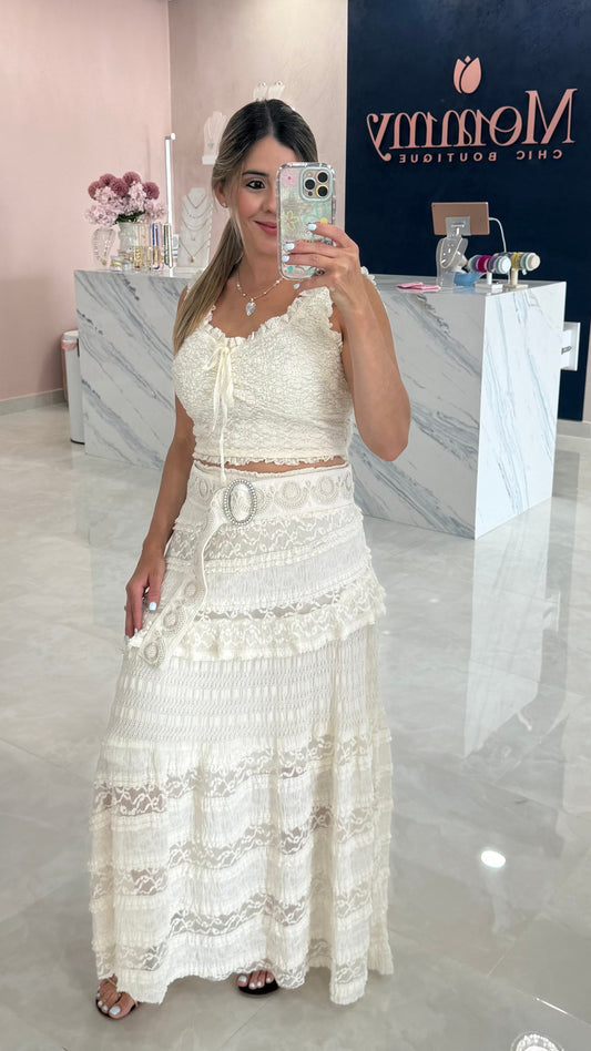 Lace Asymmetrical Ruffle Skirt Natural
