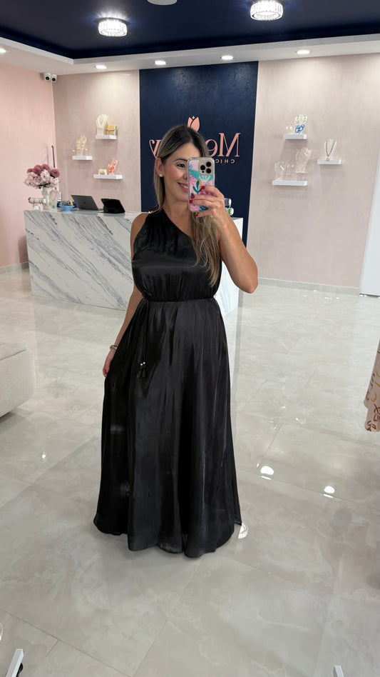 Maxi Dress One Shoulder Metallic Black