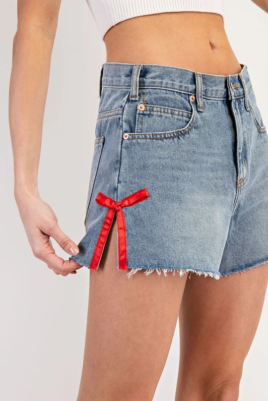 Denim Short With Side Slit Satin Bow