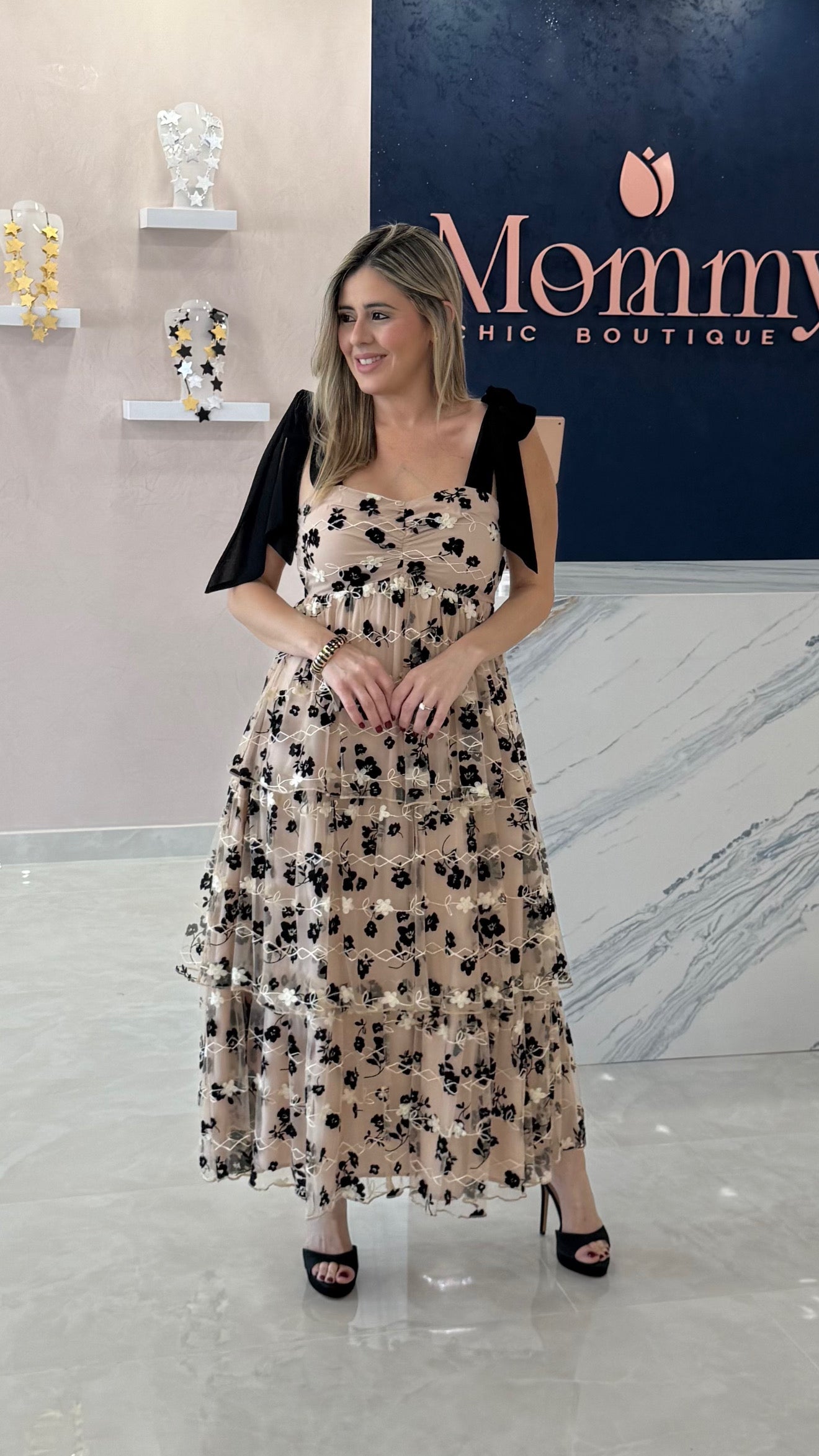 Embroidery & Velvet Flower Midi Dress