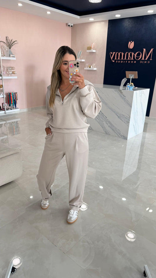 Half Zip Sweater & Pleated Pant Stone