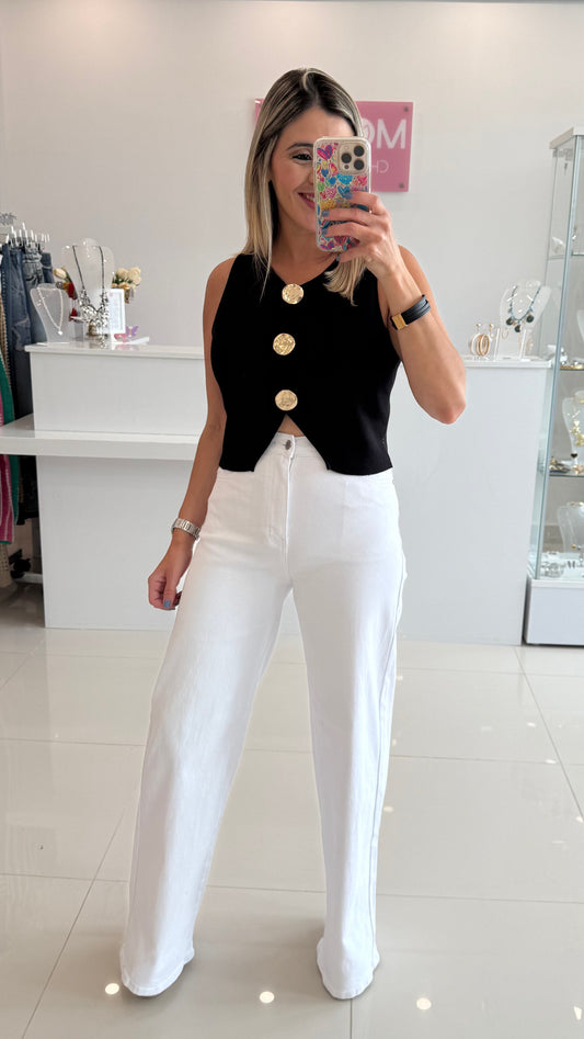 Gold Button Vest Top Black