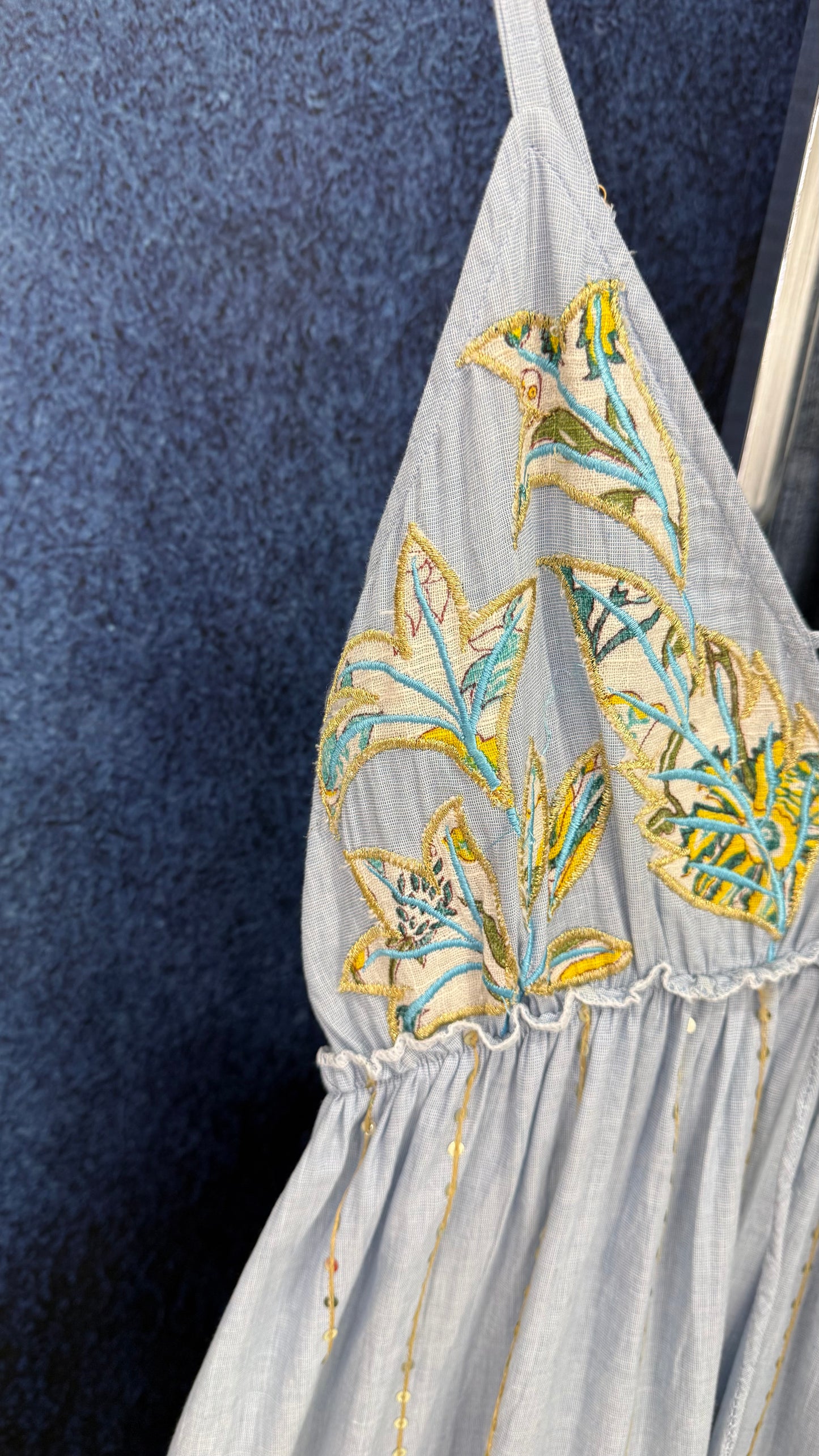 Maxi Dress Embroidery & Sequins Accents Blue