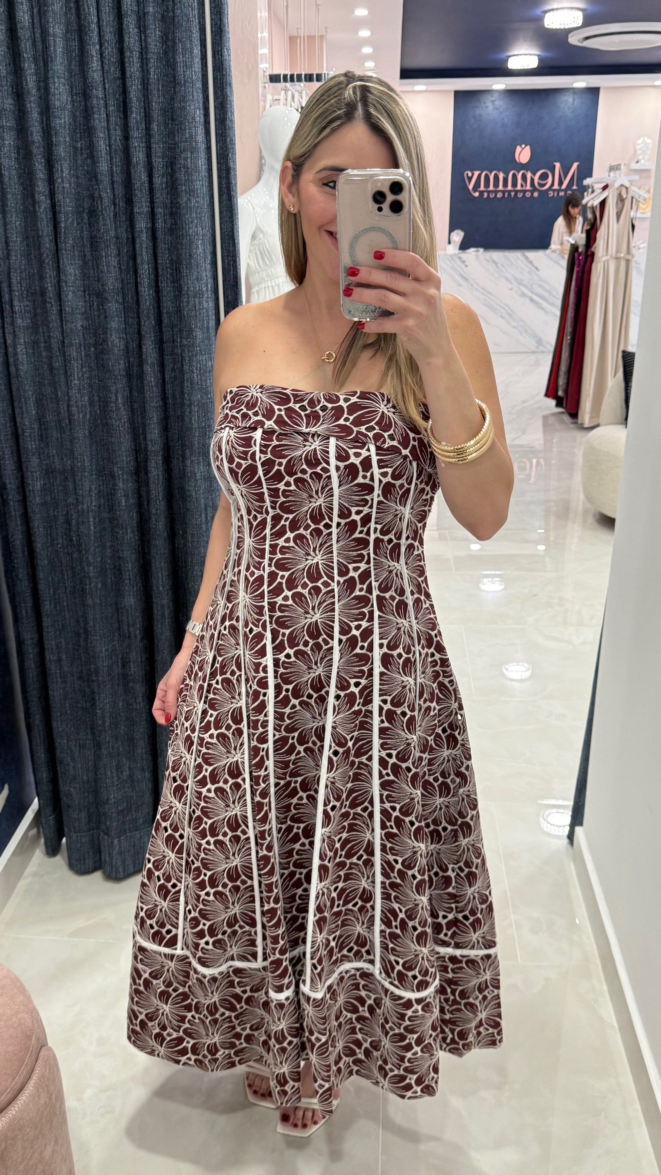 Embroidery Midi Dress Rust