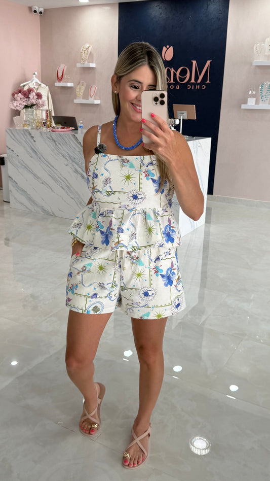 Printed Peplum Top & Short Blue