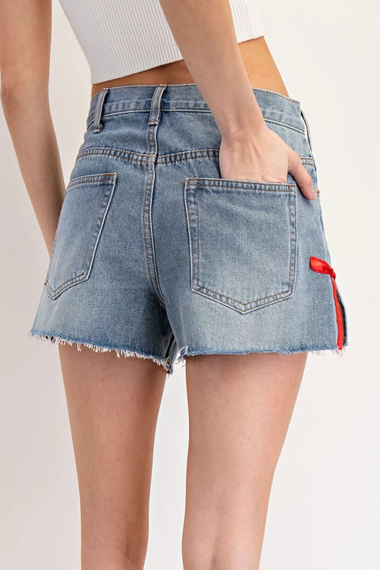 Denim Short With Side Slit Satin Bow