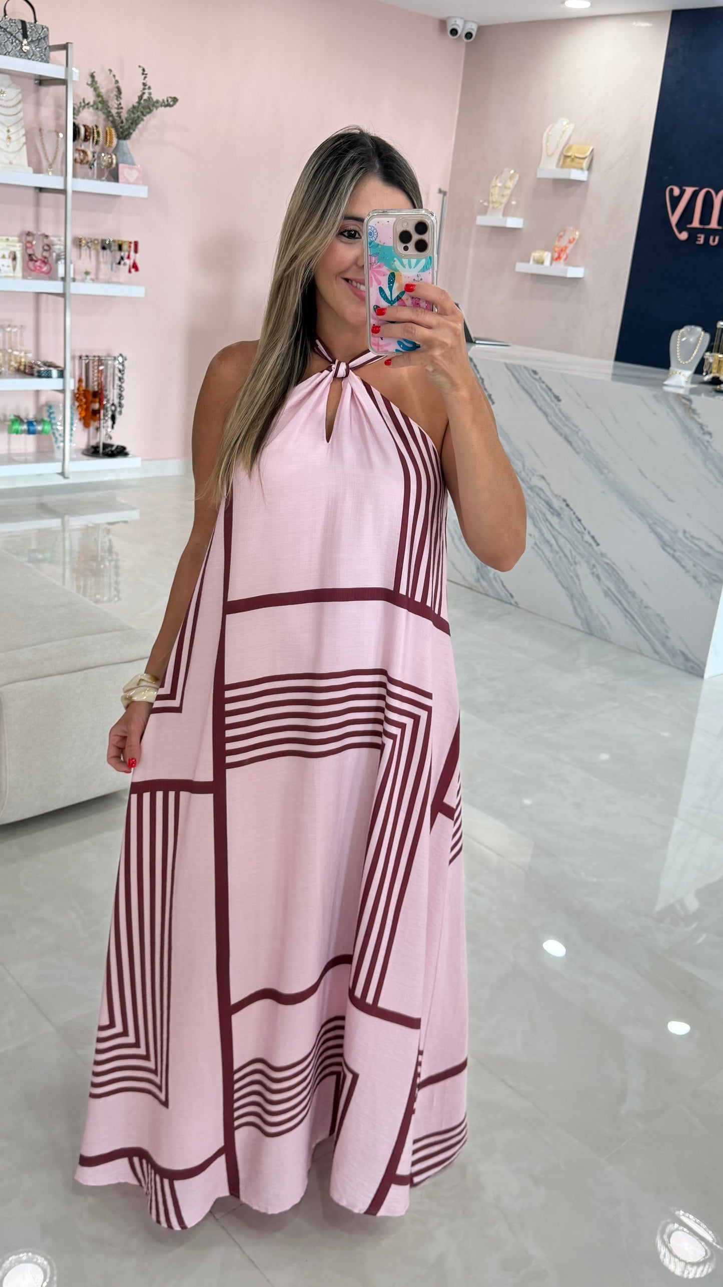 Printed Geo Halter Maxi Dress Pink