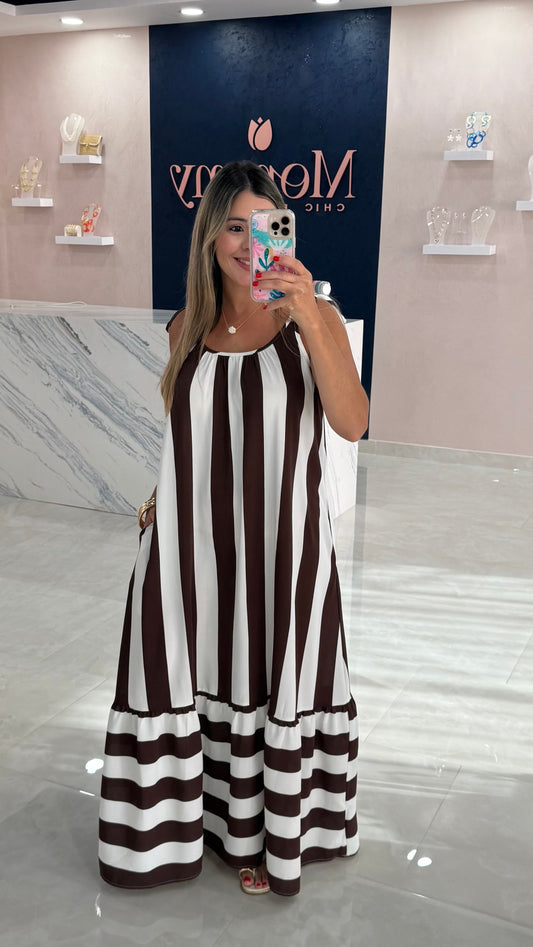 Vertical Maxi Dress Brown / White