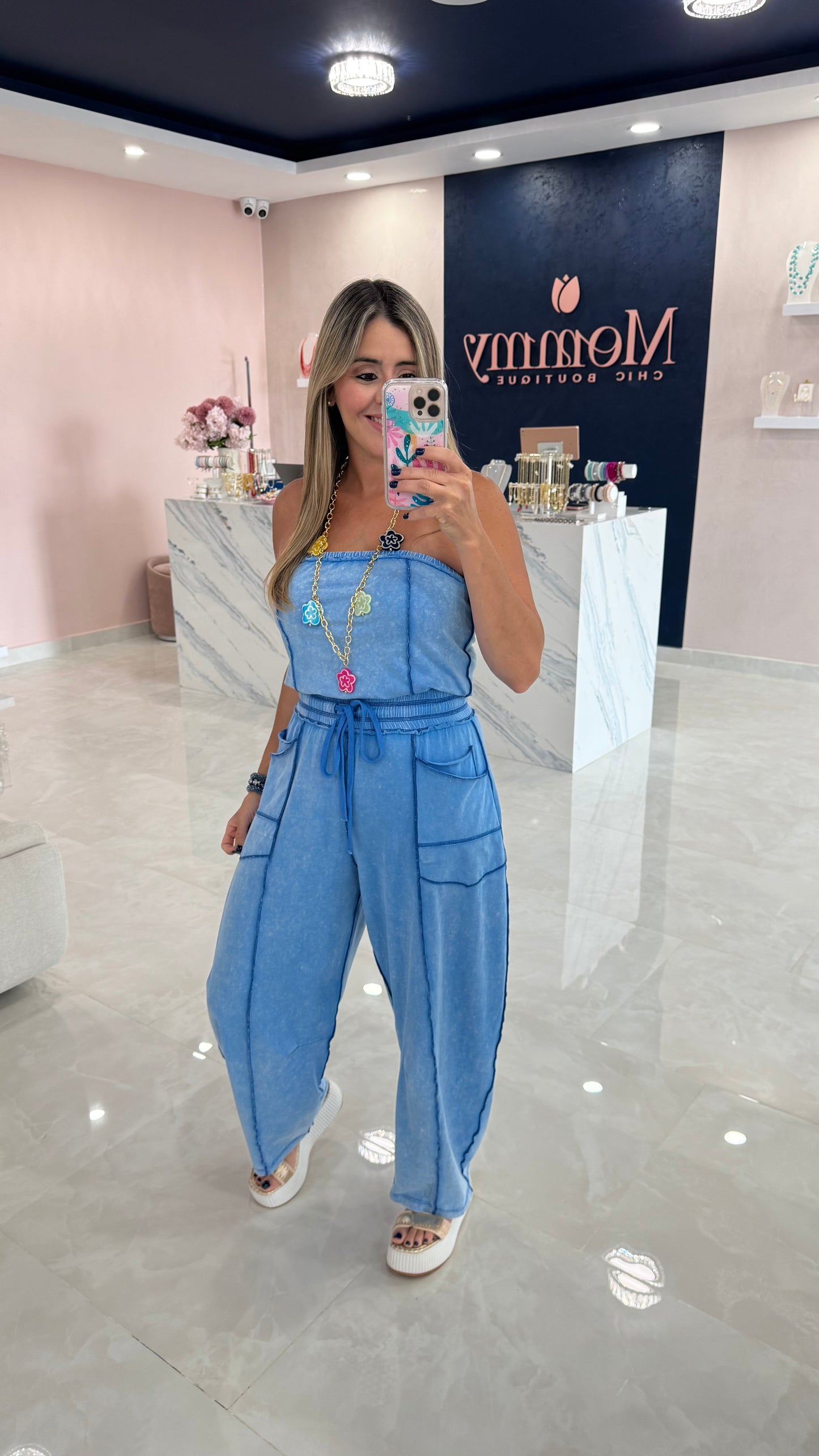 Blue Mineral Washed Strapless Jumpsuit