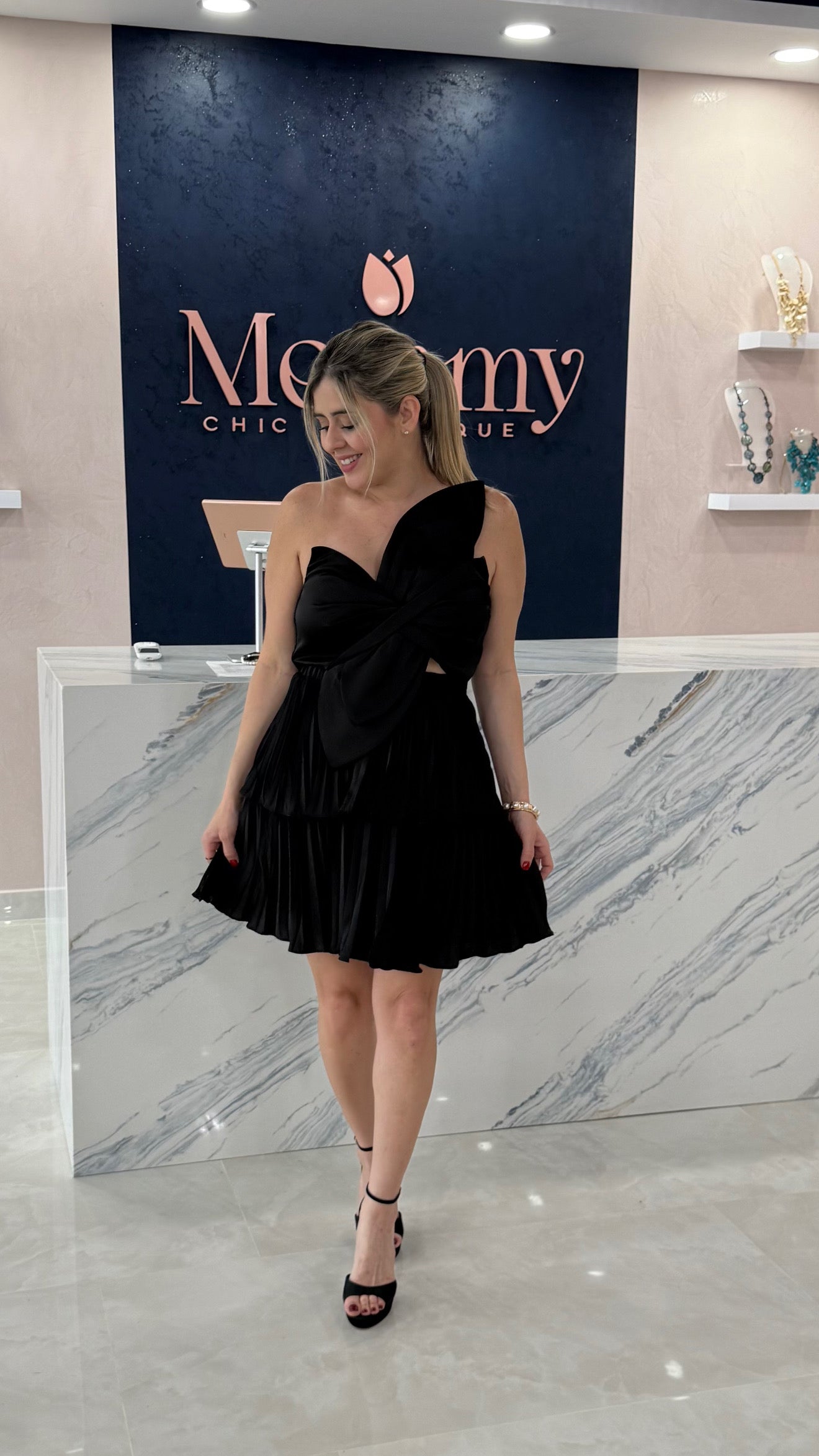 Bow Satin Pleated Dress BLk