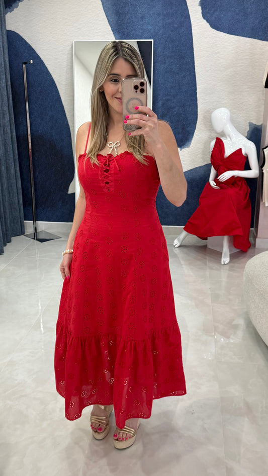 Cotton Eyelet Midi Dress Red