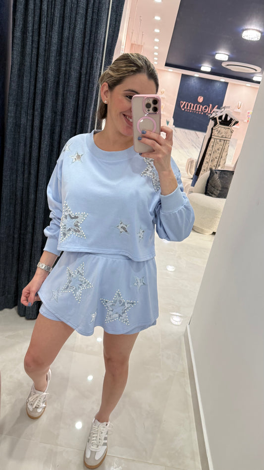 Pearls & Lace Detail Sweater & Skort Set Blue