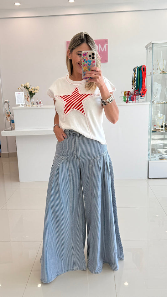 Stripe Denim Pleated Wide Leg