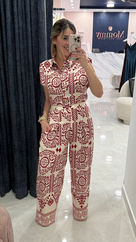 Printed Top & Pant Set Ivory Red