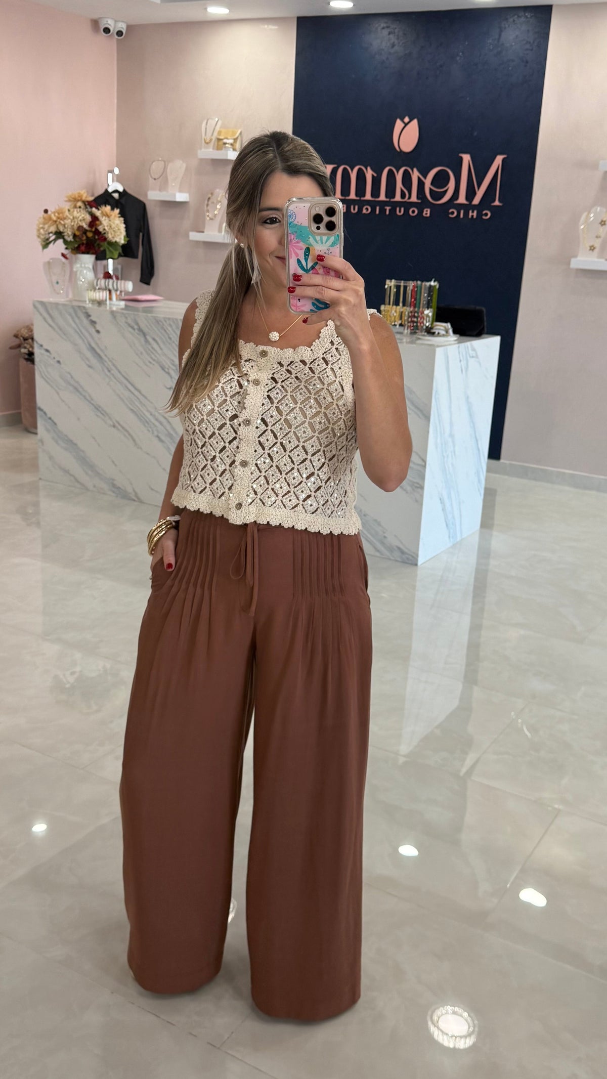 Pleated Waist Wide Leg Pant Brown