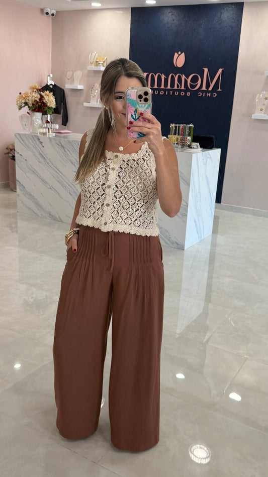 Pleated Waist Wide Leg Pant Brown