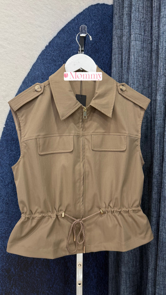 Drawstring Zip Up Top Vest Taupe