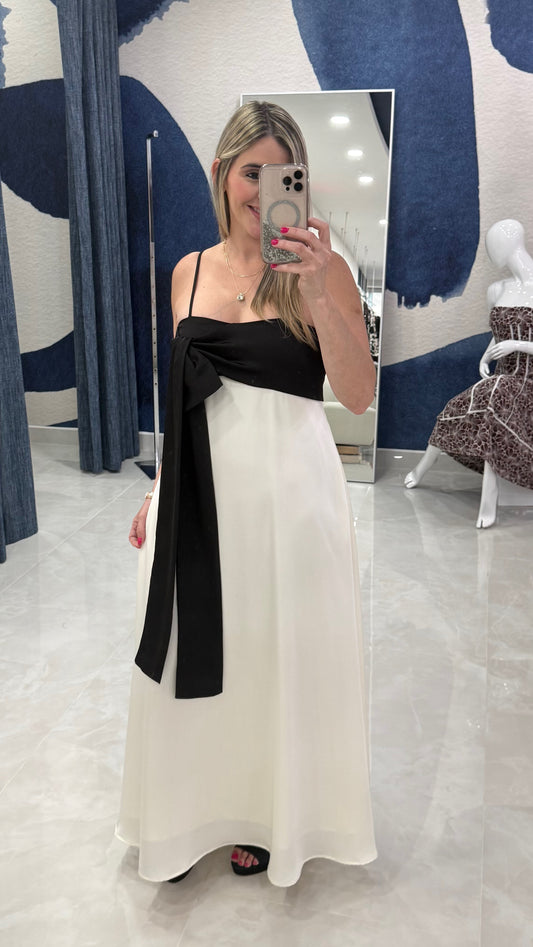 Contrast Black & Ivory / Bow Front Maxi Dress