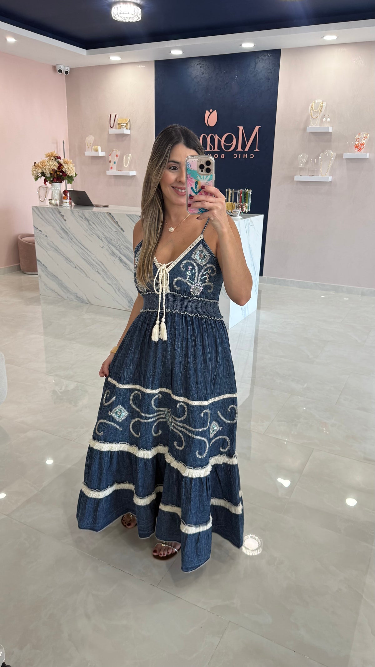Denim Light Weight With Sequins Maxi Dress