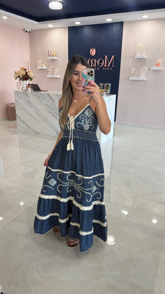 Denim Light Weight With Sequins Maxi Dress