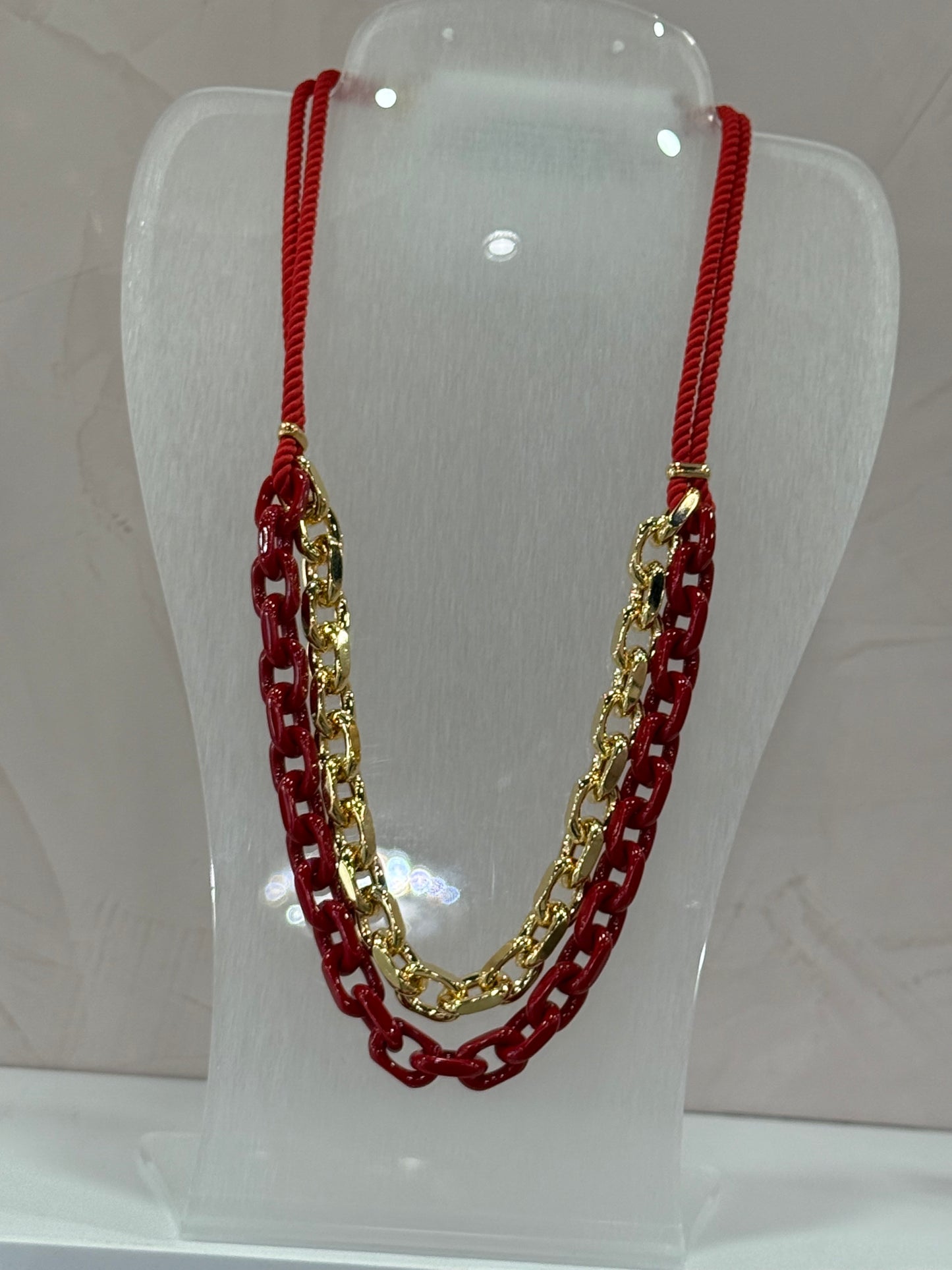 Double Chain Necklace Red & Gld