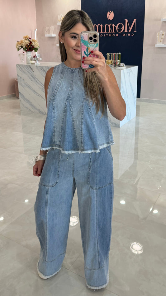 Washed Denim Top & High Waist Pant