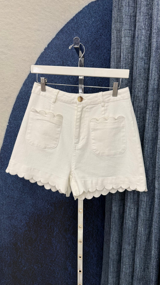 Scalloped Detail Denim Short White