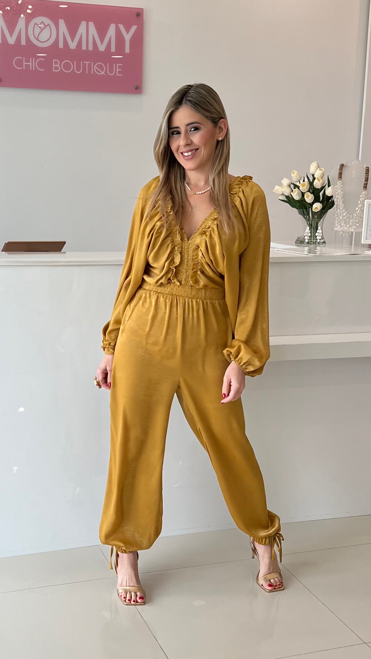 Textured Silky Smocked Jumpsuits Gold