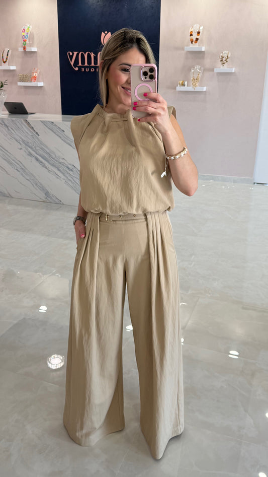 Sleeveless Top & Pleated Wide Leg Pant Tan