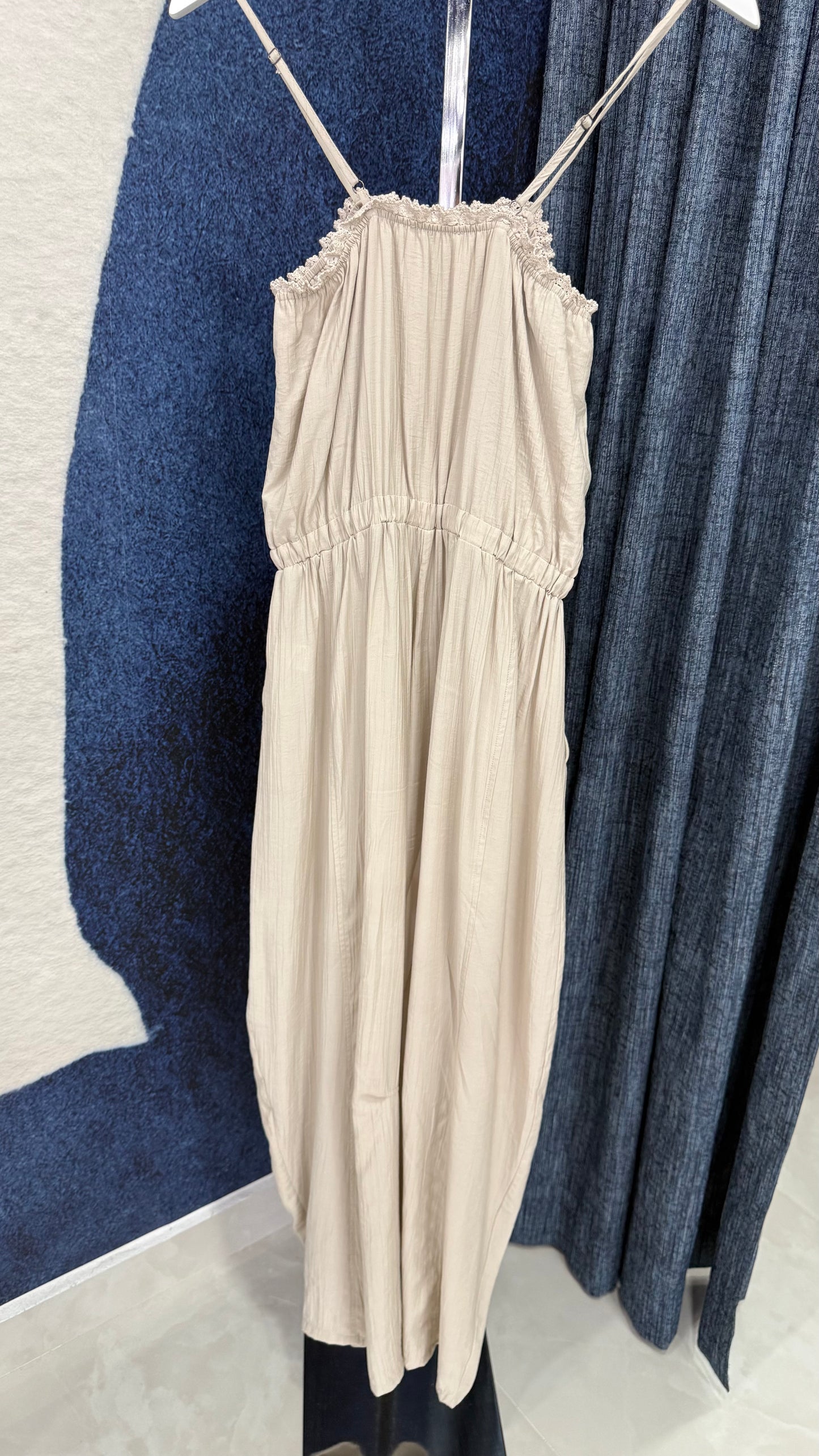 Lace Detail Sleeveless Barrel Jumpsuit Oatmeal