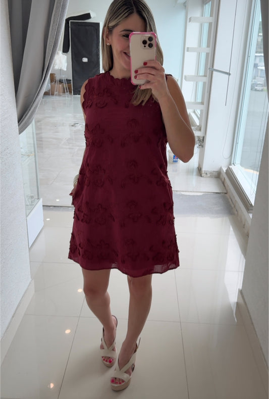 Embroidery Flower Dress Burgundy