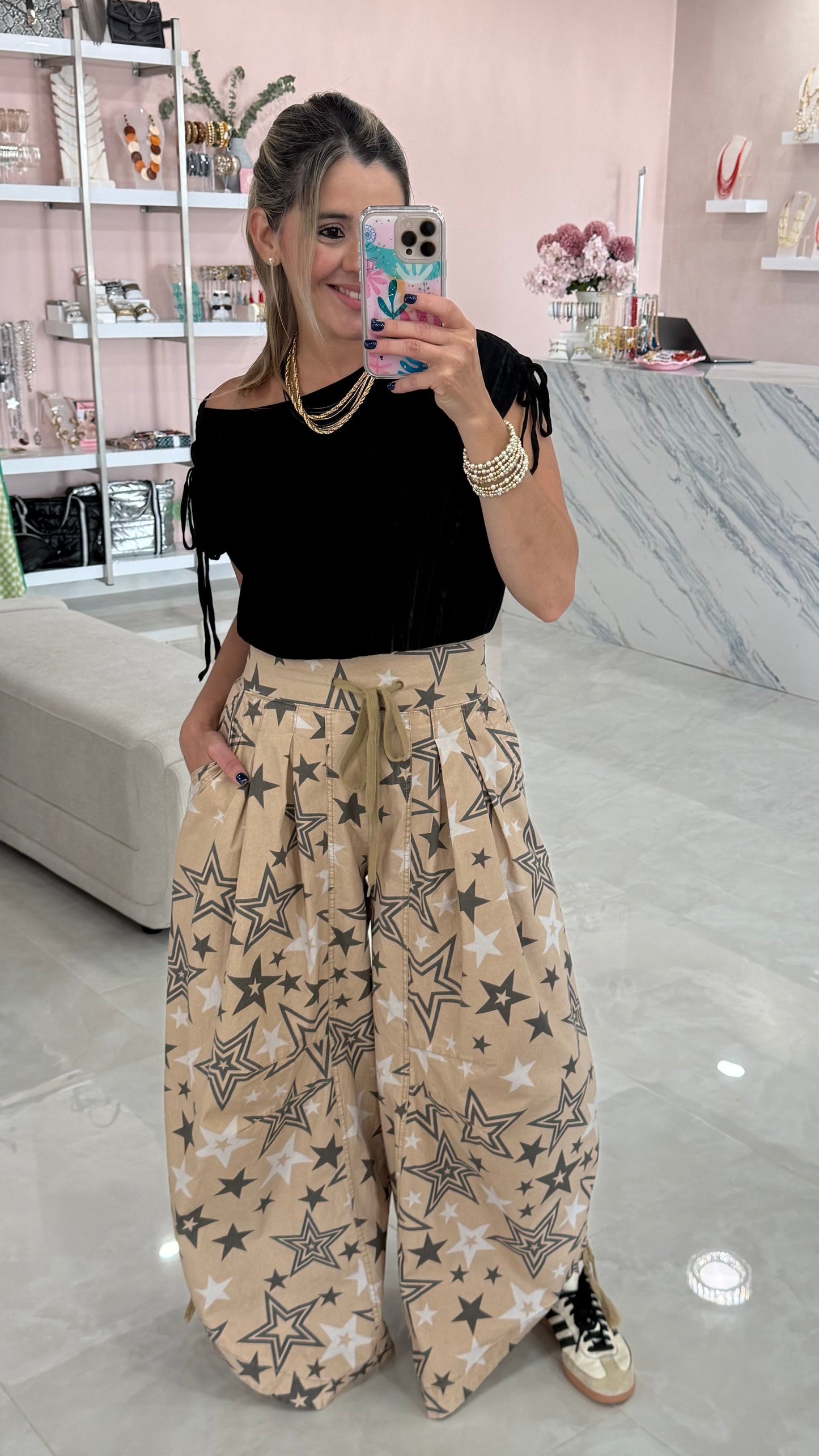 Drawstring High Waist Star Print Pant
