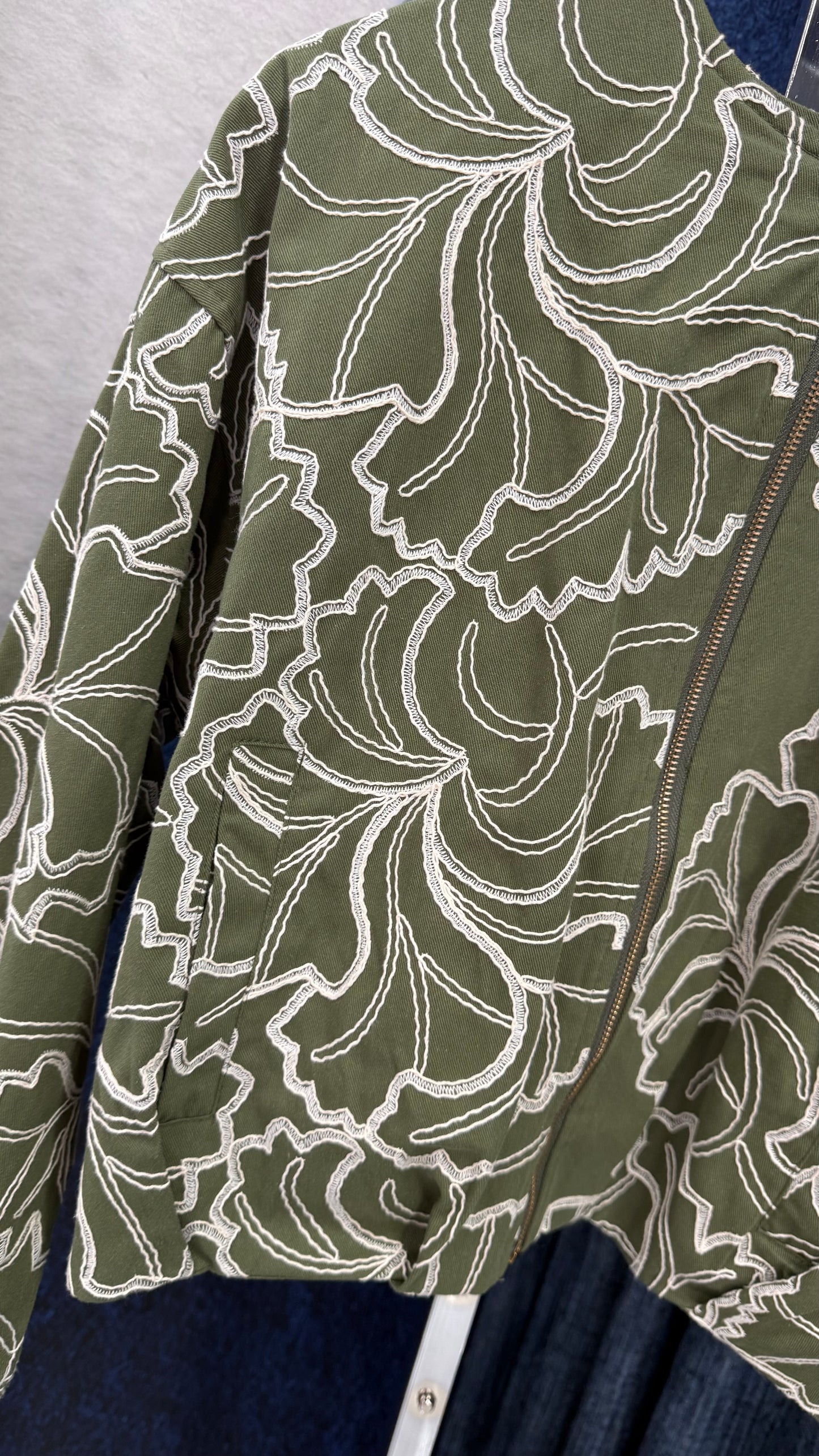Embroidery Olive Denim Jacket