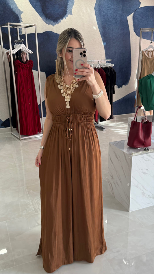 V Neck Jumpsuit Camel