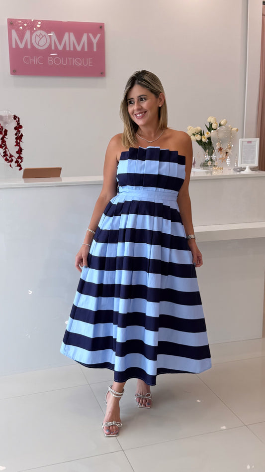 Stripes Strapless Midi Dress Navy