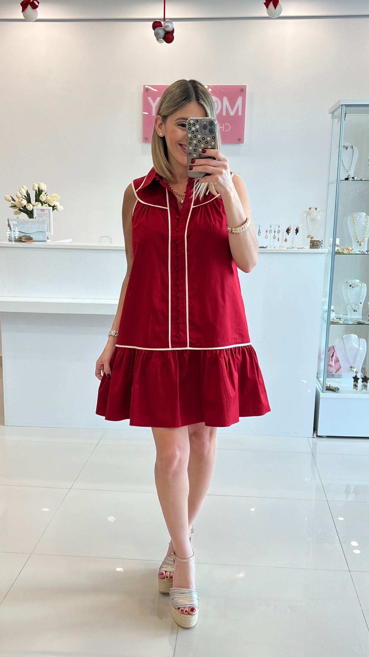 Collared Short Dress Crimson